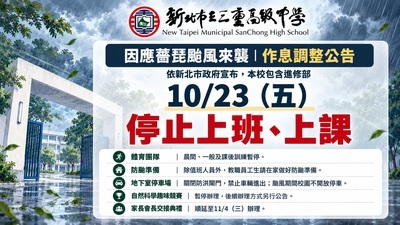 因應薔琵颱風來襲期間本校教職員工生作息調正公告